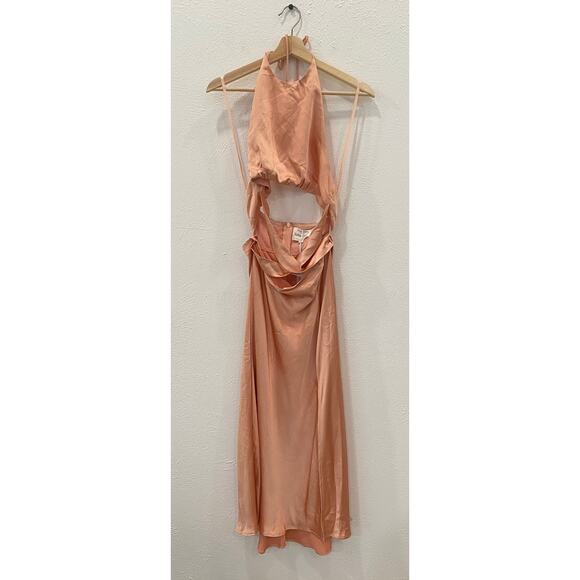 Selfie Leslie Social Butterfly Cut-Out Waist Midi Satin Dress Rose Peach Large - Picture 2 of 5